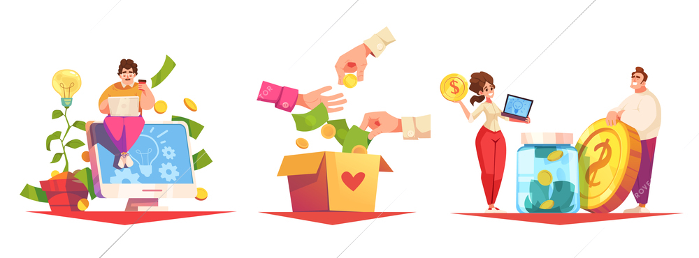 Crowdfunding cartoon concept set with idea money donation and startup financial contribution scenes isolated vector illustration