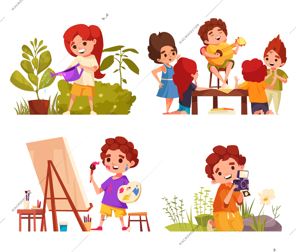 Children creative hobbies cartoon composition set with kids painting and singing isolated vector illustration