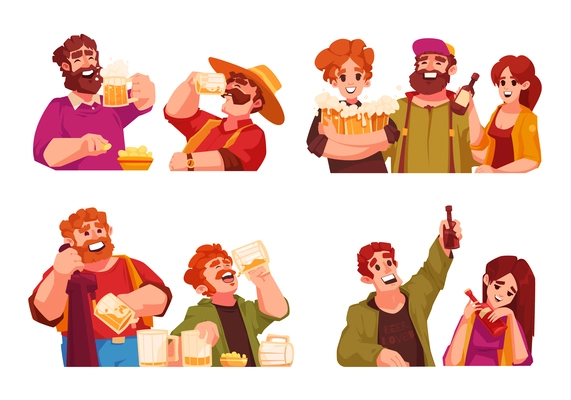 Beer compositions cartoon set with people holding glasses and drinking isolated vector illustration