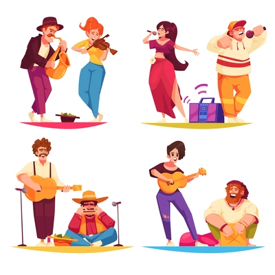 Street musicians cartoon set with happy people playing and singing outdoors isolated vector illustration