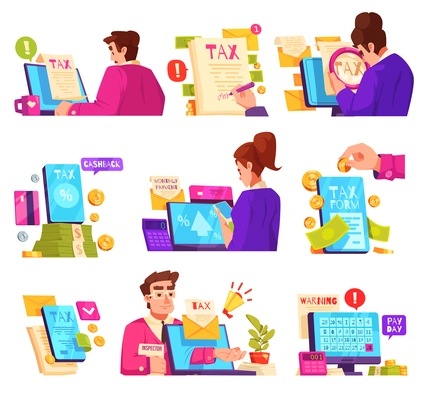 Tax service cartoon icons set with people filling in paper and digital bills isolated vector illustration