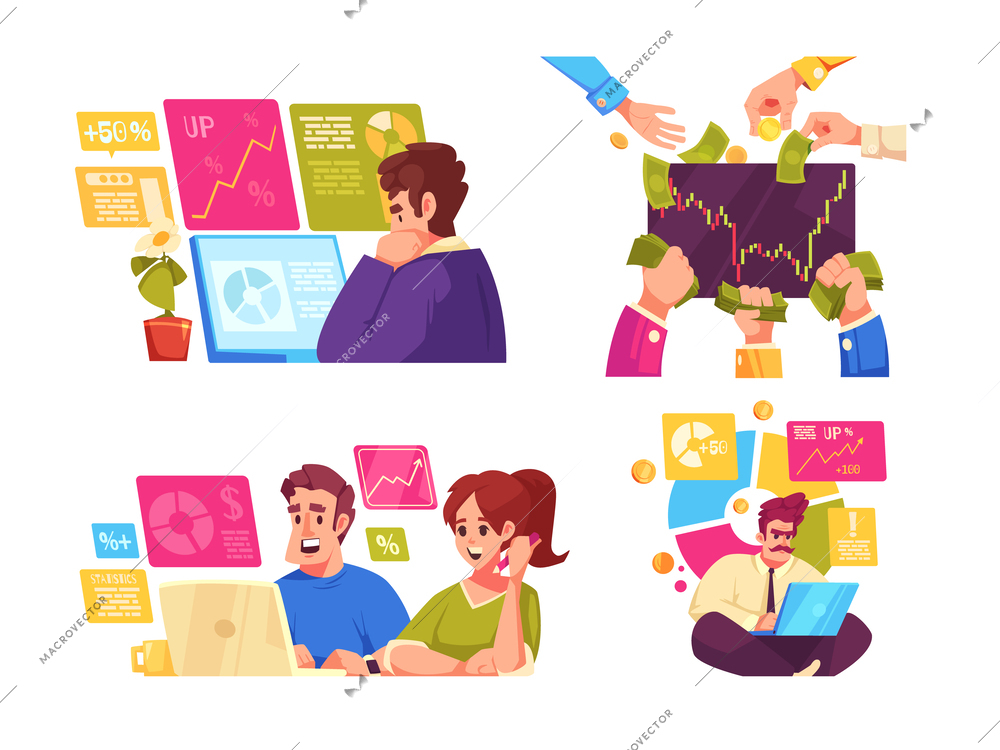 Stock market cartoon compositions set with analitics traders and brokers isolated vector illustration
