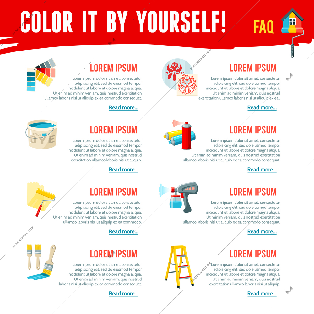 Painting works infographics set with interior improvement work equipment vector illustration