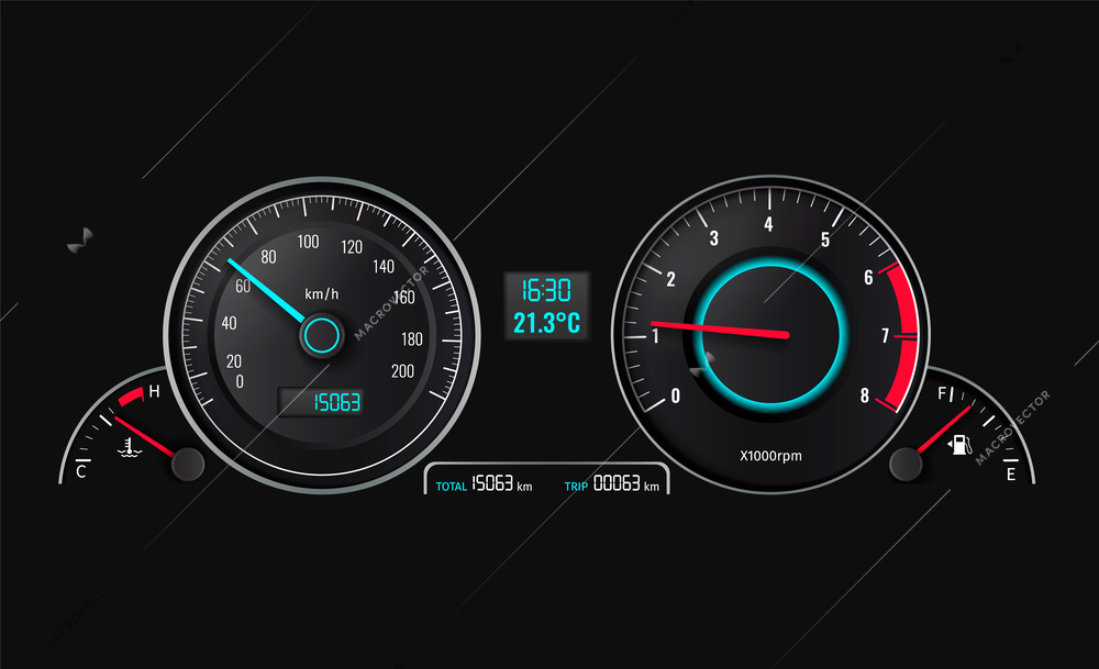 Car dashboard realistic concept with vehicle cockpit on black background vector illustration