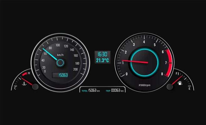 Car dashboard realistic concept with vehicle cockpit on black background vector illustration