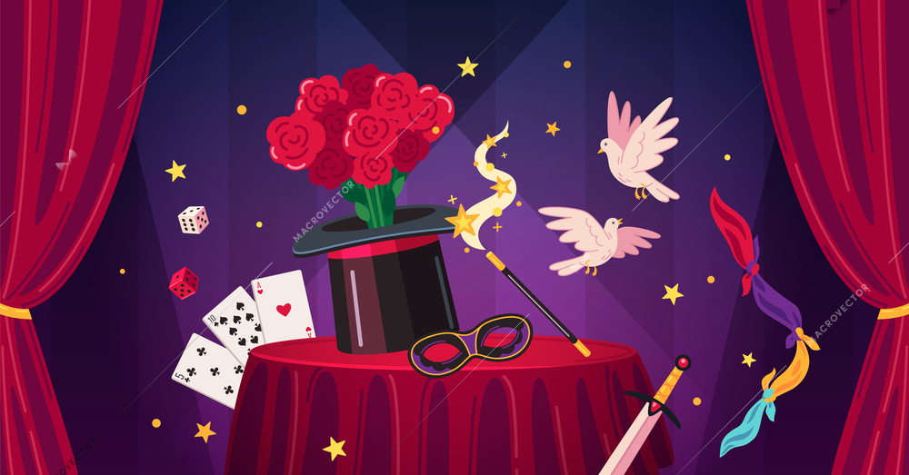 Magician cartoon composition with magic wand playing cards and black hat vector illustration