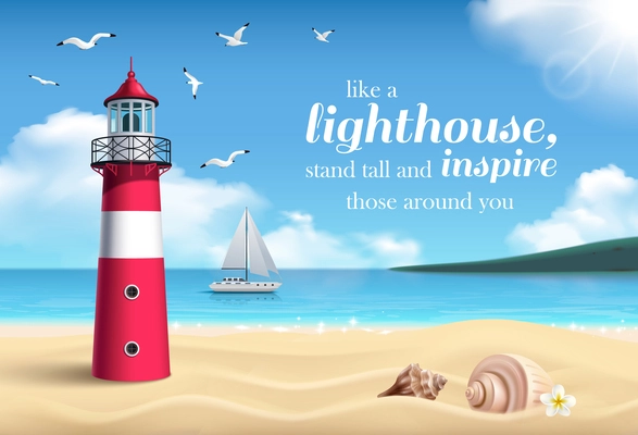 Lighthouse realistic poster with sandy beach and sailing ship on background vector illustration