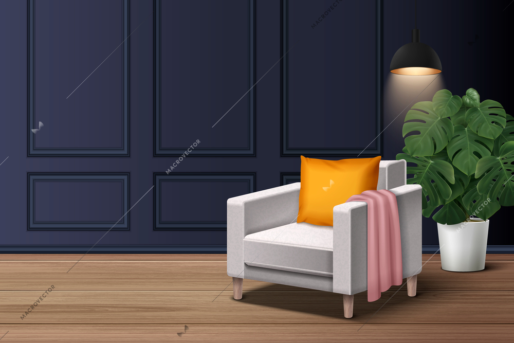 Realistic living room interior composition with cosy armchair on wooden floor vector illustration