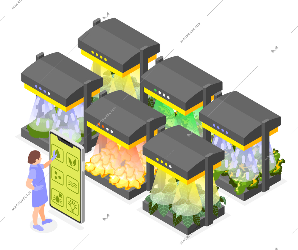 Smart farming isometric illustration with woman using remotely digital  control for growing food of future vector illustration
