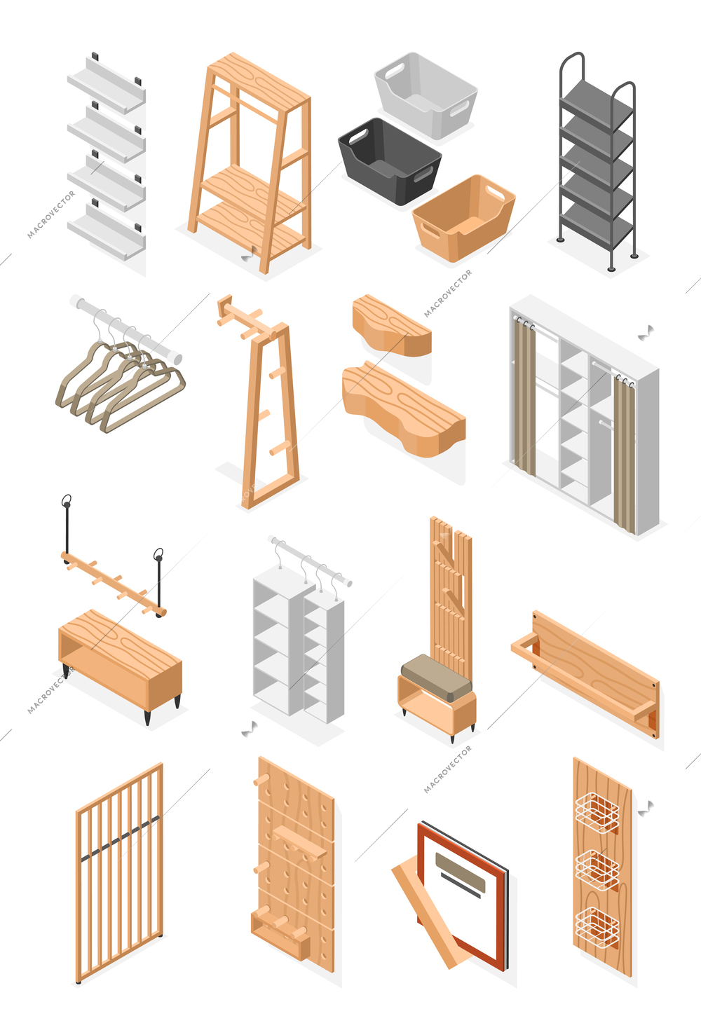 Store room set with isometric icons of furniture elements with rack stands shelves hangers and baskets vector illustration