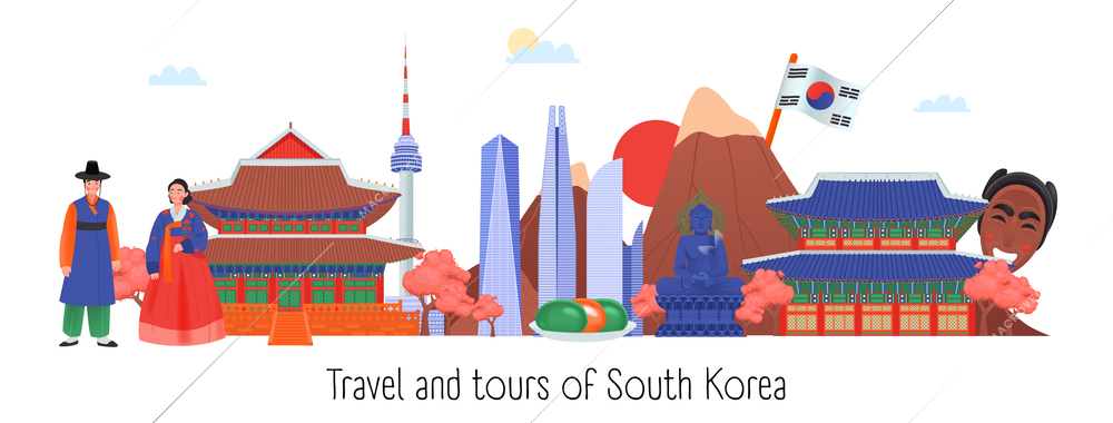 Colored south korea icon set with travel and tours of south korea headlines vector illustration