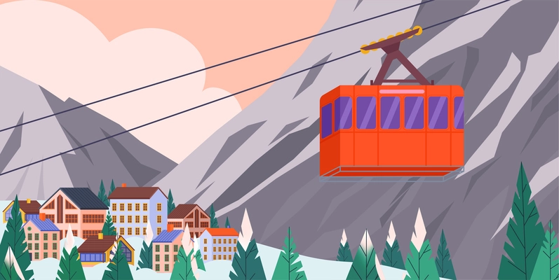 Colored landscape cableway composition cable car sends groups to the top of the mountains against the backdrop of cityscape vector illustration