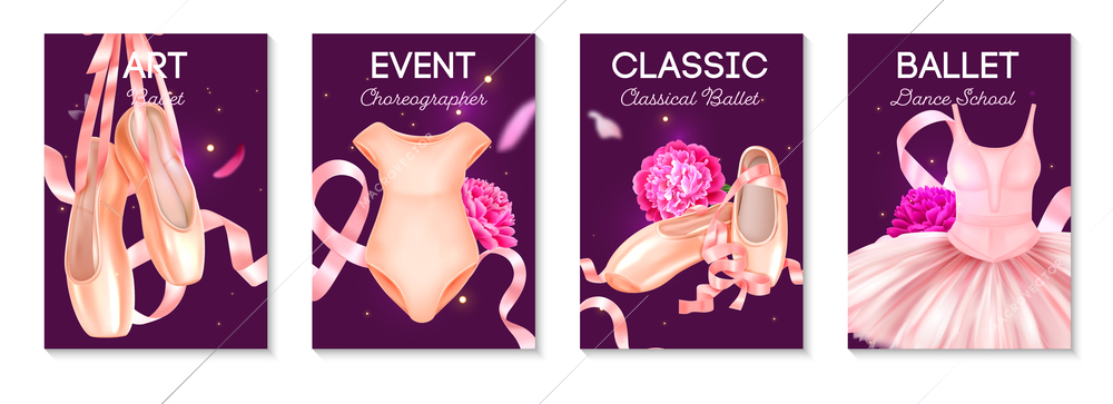 Realistic vertical poster set with classical ballet clothing shoes and pink ribbons isolated vector illustration