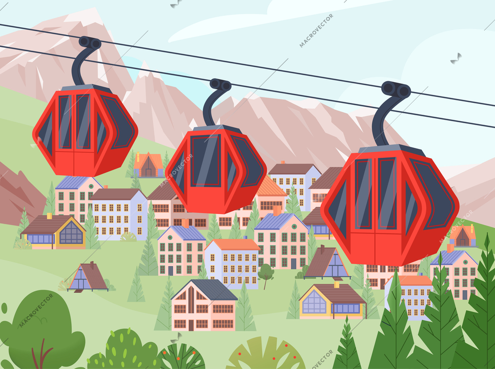Cableway against landscape with mountains and houses flat vector illustration
