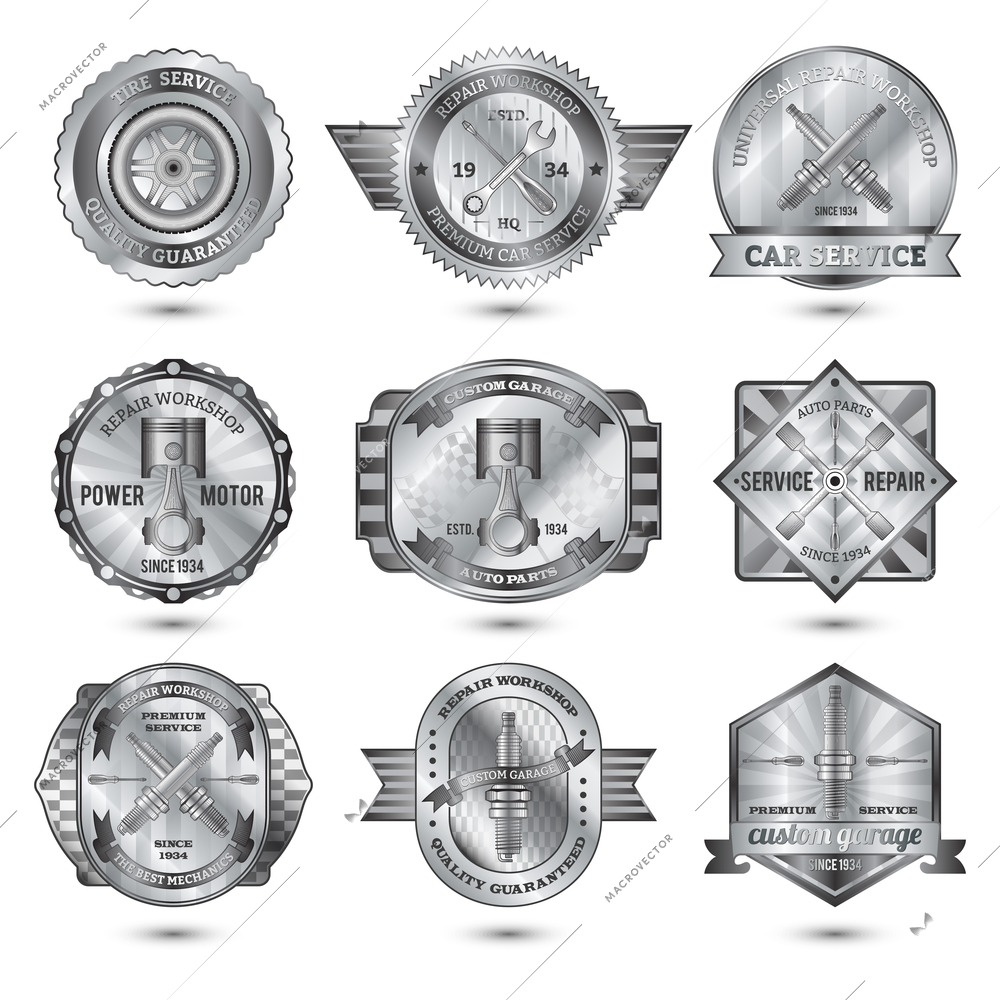 Repair workshop automotive car service metal emblems set isolated vector illustration