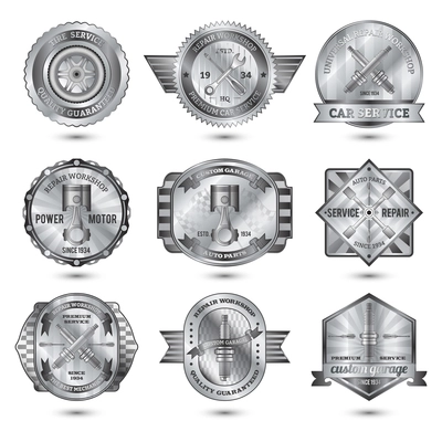 Repair workshop automotive car service metal emblems set isolated vector illustration