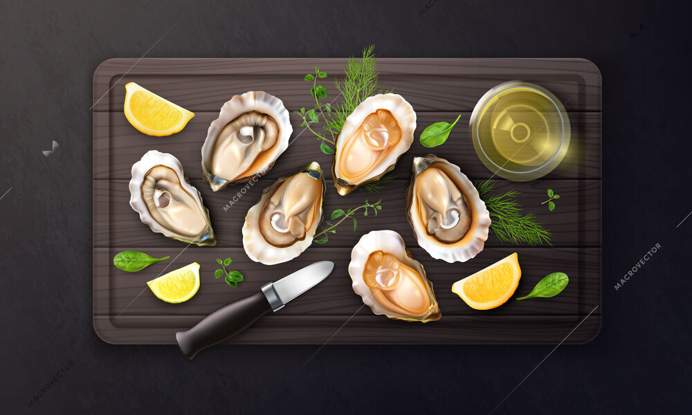 Raw oysters served on wooden plate with condiments and lemon realistic composition on dark background vector illustration