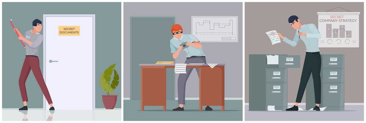 Industrial espionage set with flat square compositions showing office workers stealing secret information plans and documents vector illustration