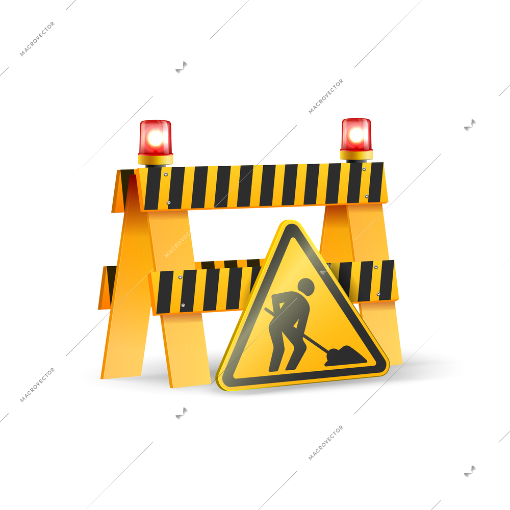 Under construction road repair yellow and black barrier and sign realistic vector illustration