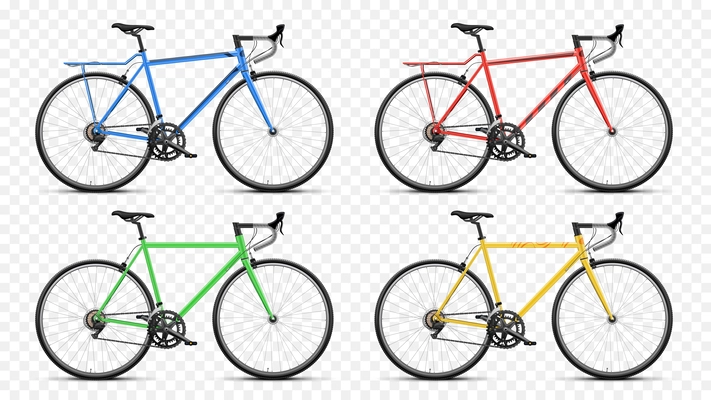 Realistic set of colorful bicycles isolated on transparent background vector illustration