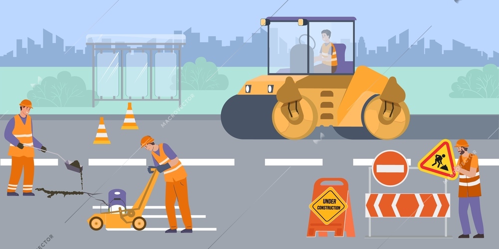 Road repair flat background with brigade of male workers in road form making asphalt maintenance vector illustration