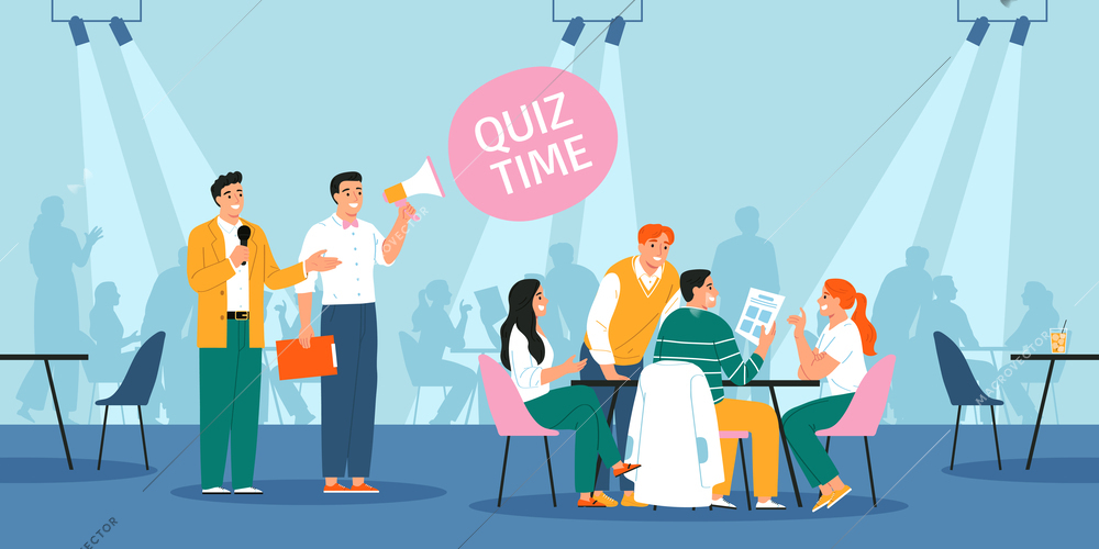 Team of friends playing quiz game answering questions together flat vector illustration