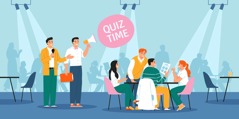 Team of friends playing quiz game answering questions together flat vector illustration