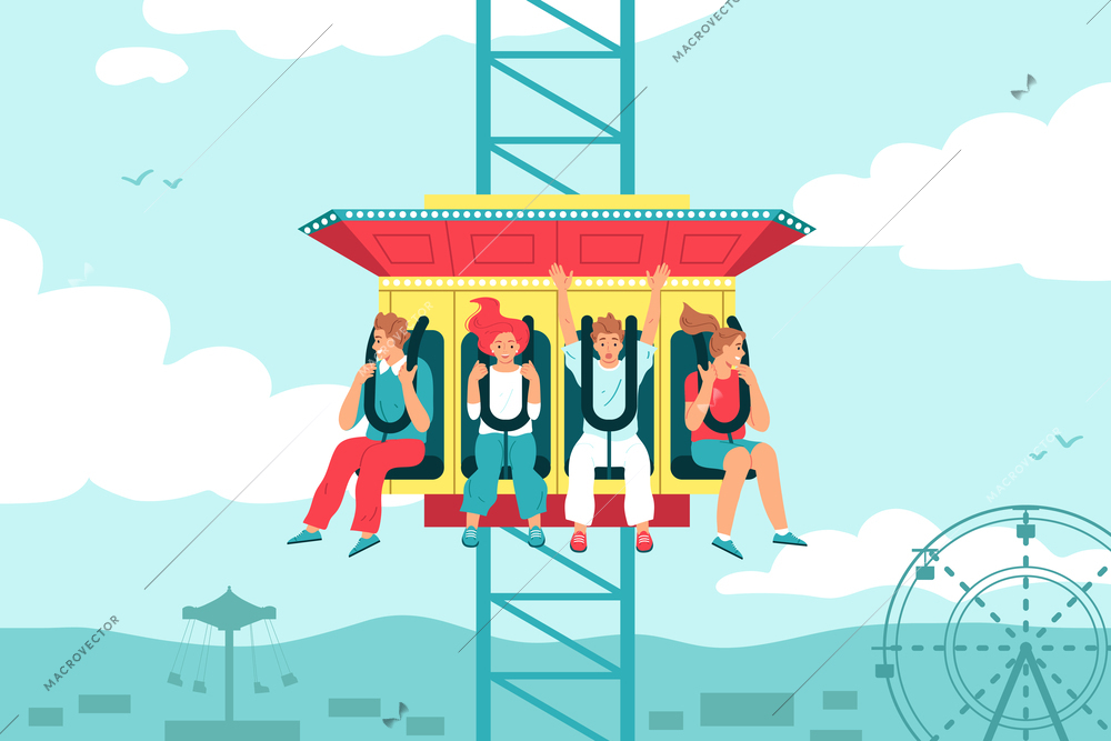 Thrilled people on free fall tower attraction in amusement park flat vector illustration