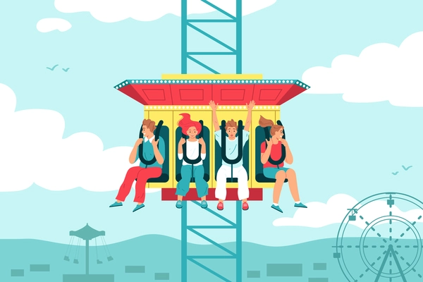 Thrilled people on free fall tower attraction in amusement park flat vector illustration