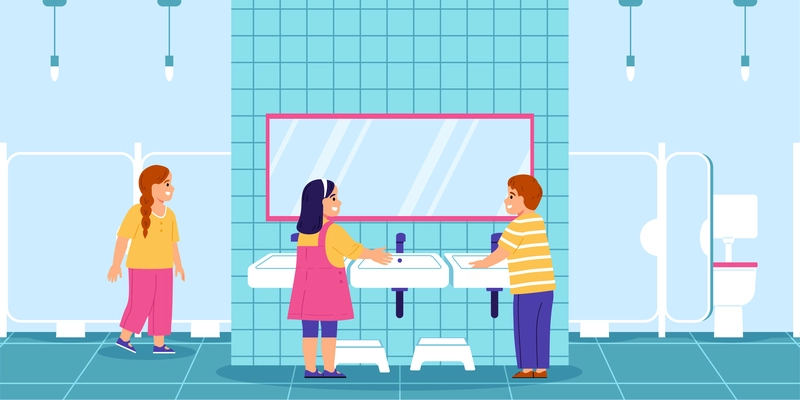 Happy children washing their hands in kindergarten toilet flat vector illustration