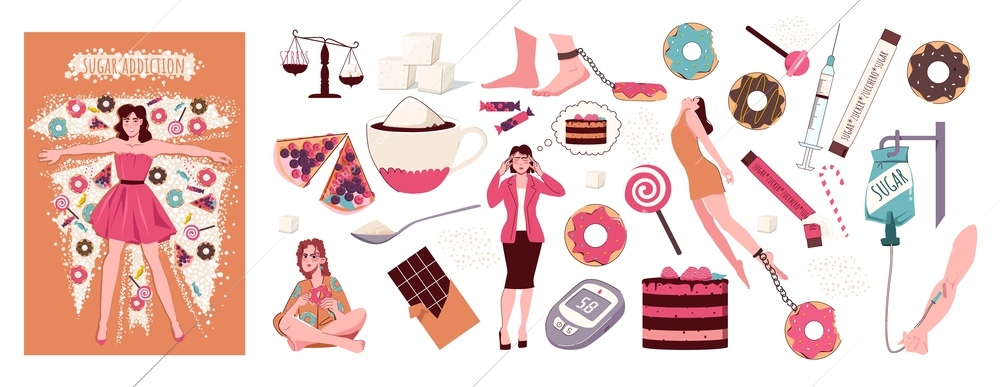 Flat composition set of women with sugar addiction and tasty desserts isolated vector illustration
