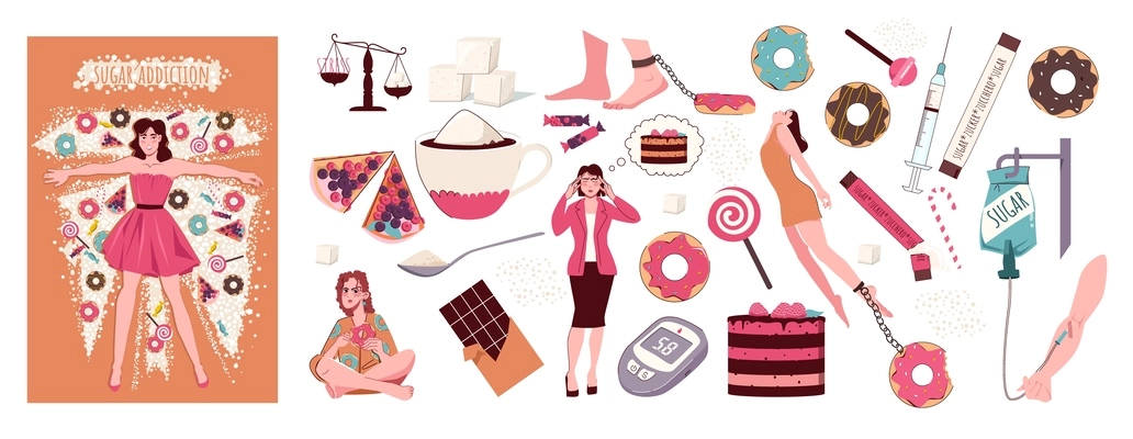 Flat composition set of women with sugar addiction and tasty desserts isolated vector illustration