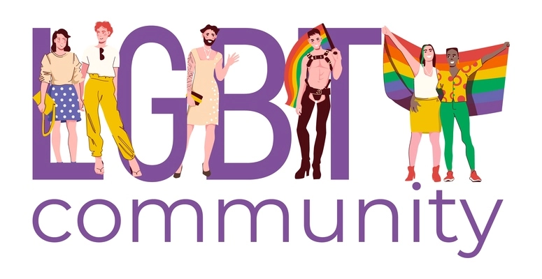 Lgbt community people composition with flat text and doodle style human characters with rainbow colored flags vector illustration