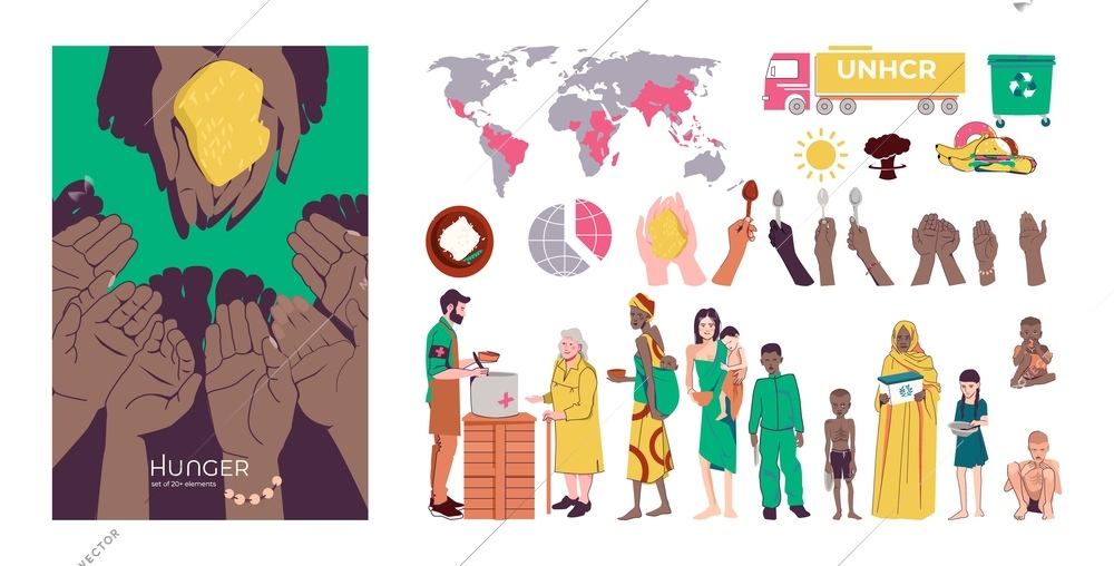 Hunger food crisis flat composition with set of isolated charity icons human characters and holding hands vector illustration