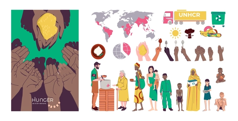 Hunger food crisis flat composition with set of isolated charity icons human characters and holding hands vector illustration