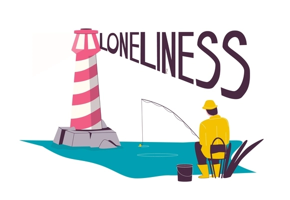 Loneliness text composition in flat style with man fishing alone near lighthouse vector illustration