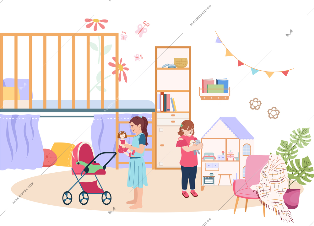 Baby room concept with toys and game symbols flat vector illustration