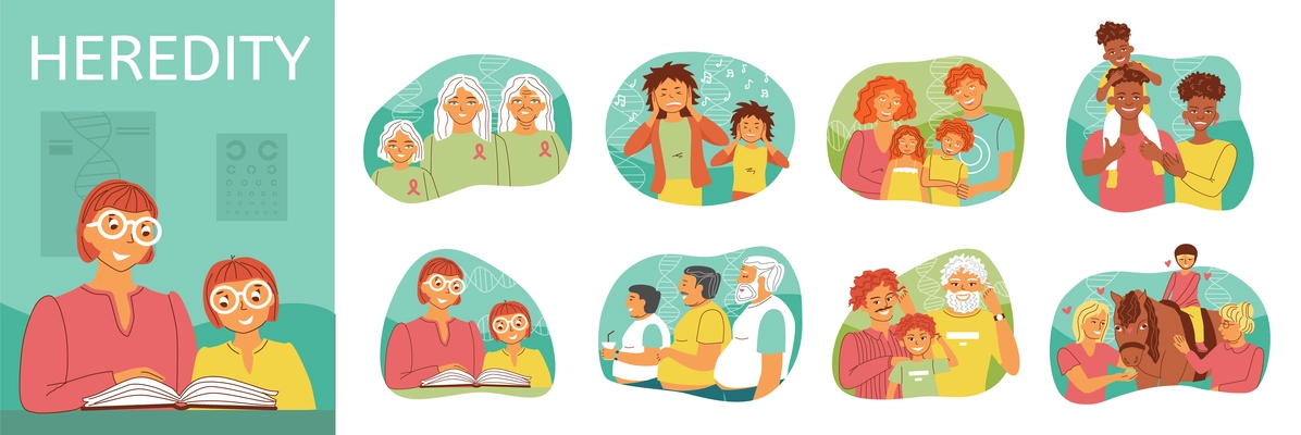 Set with isolated heredity people flat compositions with children adult and elderly people on blank background vector illustration