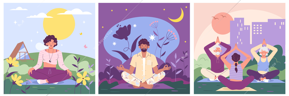 Retreat spiritual practice zen and harmony concepts flat set with people meditating in lotus position alone and together isolated vector illustration