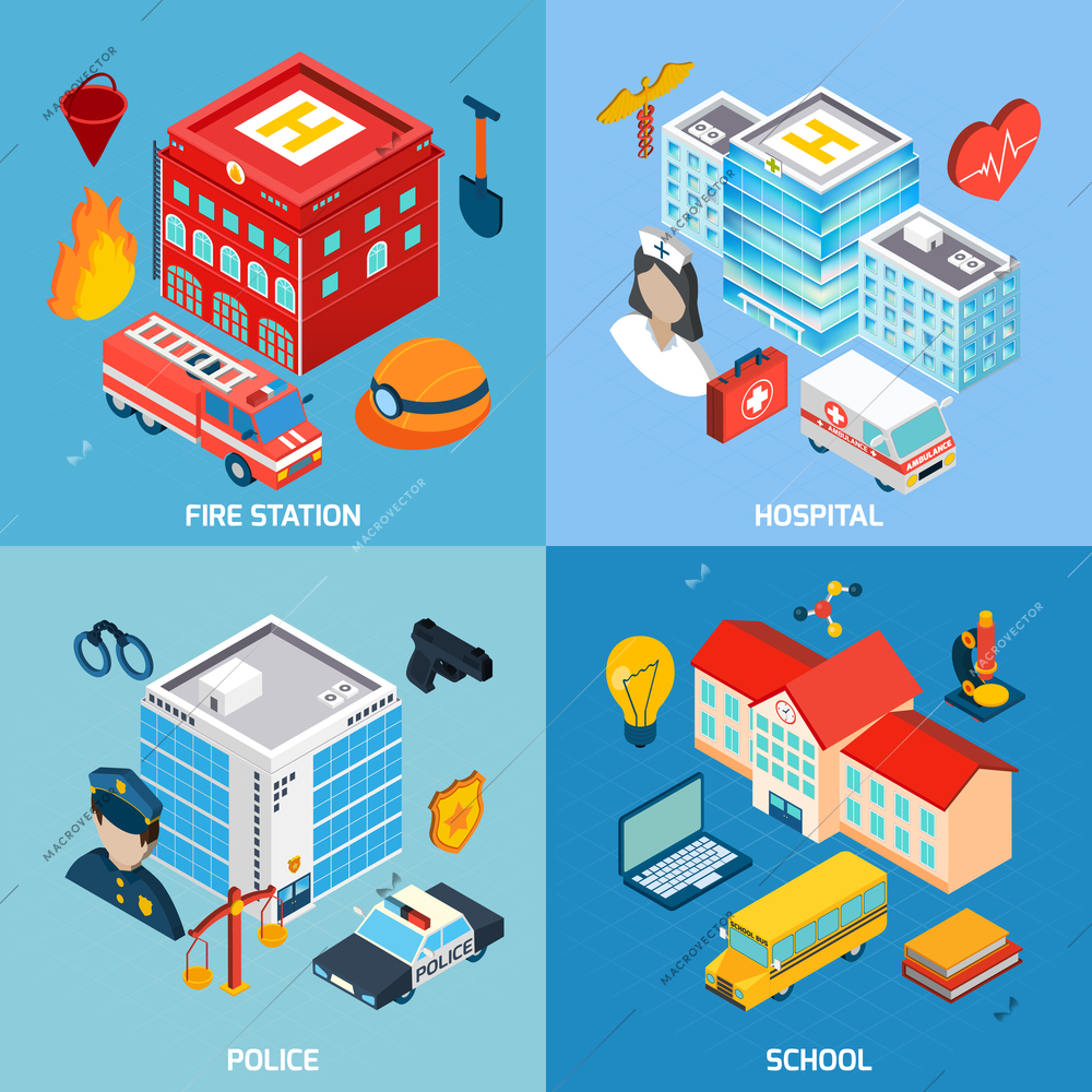 Municipal buildings design concept set with fire station hospital police and school isometric icons isolated vector illustration