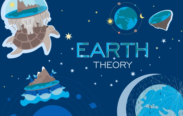 Earth theory ancient world representations flat collage on blue background with stars vector illustration