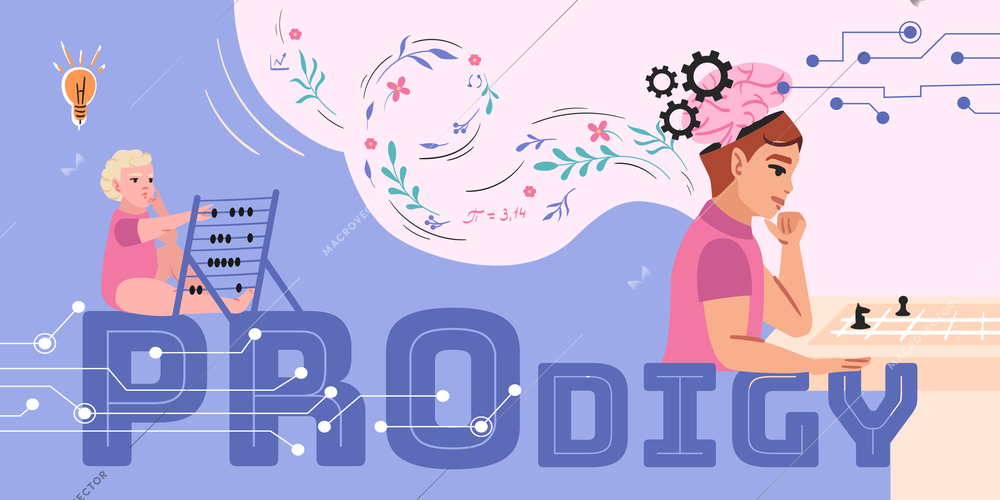 Genius prodigy composition with collage of flat icons text and children with big brain capturing ideas vector illustration