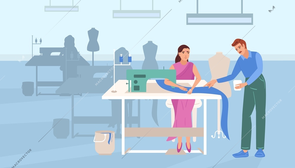 Garment production flat composition with indoor view of manufactory with working places sewing machines and people vector illustration