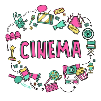 Cinema design concept with hand drawn movie art icons set vector illustration