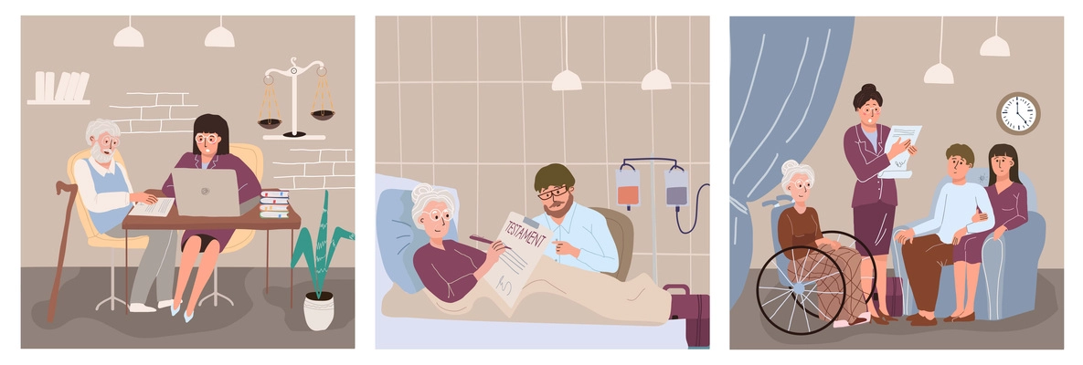 Inheritance flat set with elderly people signing their last wish and testament isolated vector illustration