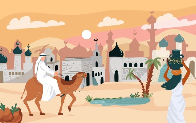 Landscape of oasis in desert with people and buildings flat vector illustration