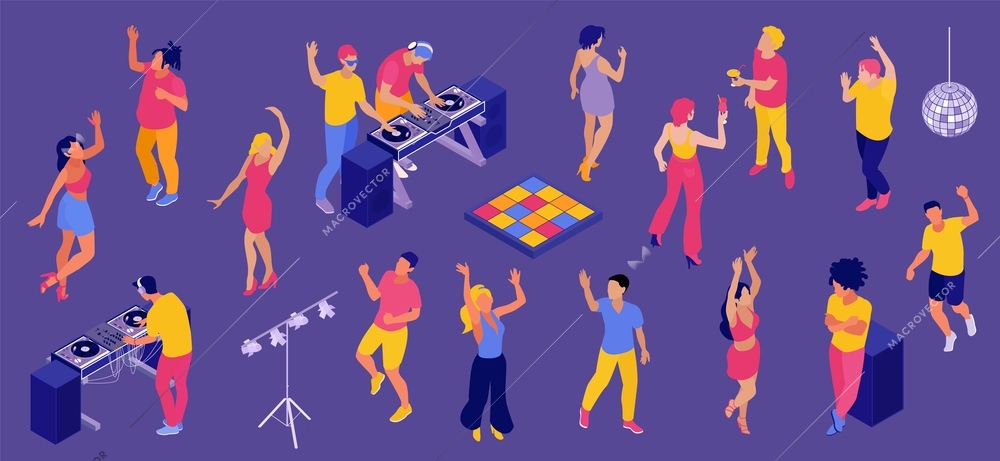Isometric dj party color set with isolated icons of dancefloor tile lighting rig and party people vector illustration