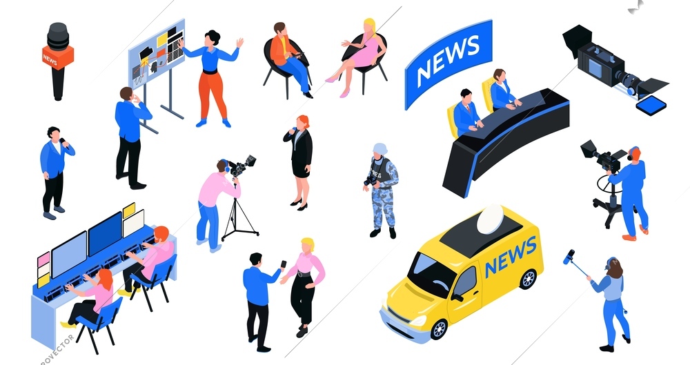 Isometric journalist set of isolated icons with human characters of camera crew members and newsroom equipment vector illustration