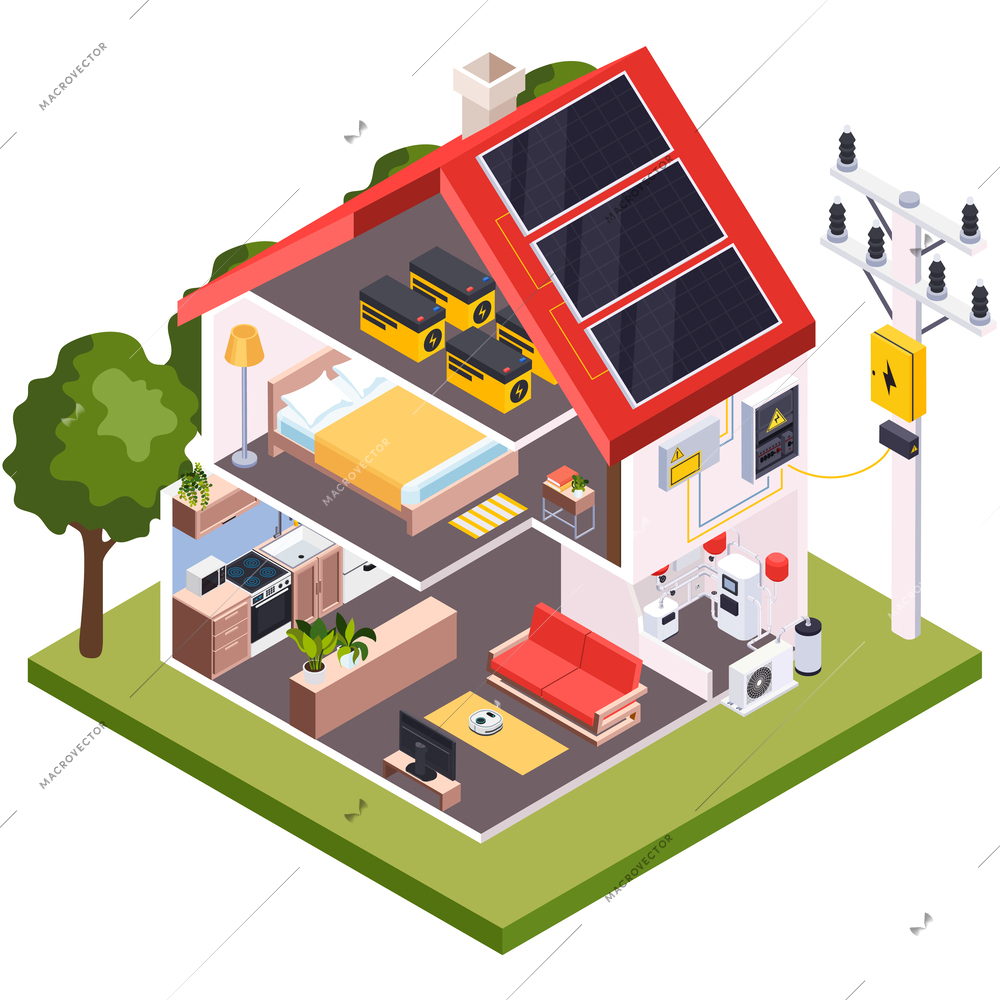 Smart efficient heating and cooling climate systems isometric composition with profile view of domestic electric grid vector illustration