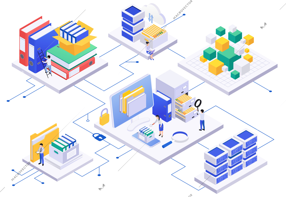 Archive documents processing isometric composition with set of platforms wire connections server racks folders and people vector illustration